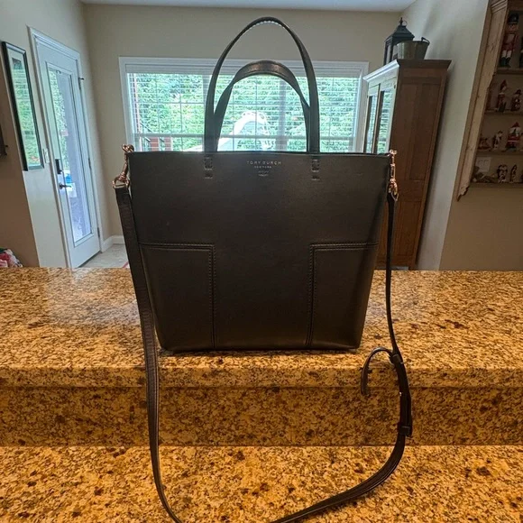 Tory Burch Block T Mini Tote Bag Black Leather 2-way Crossbody Handles - Picture 1 of 16